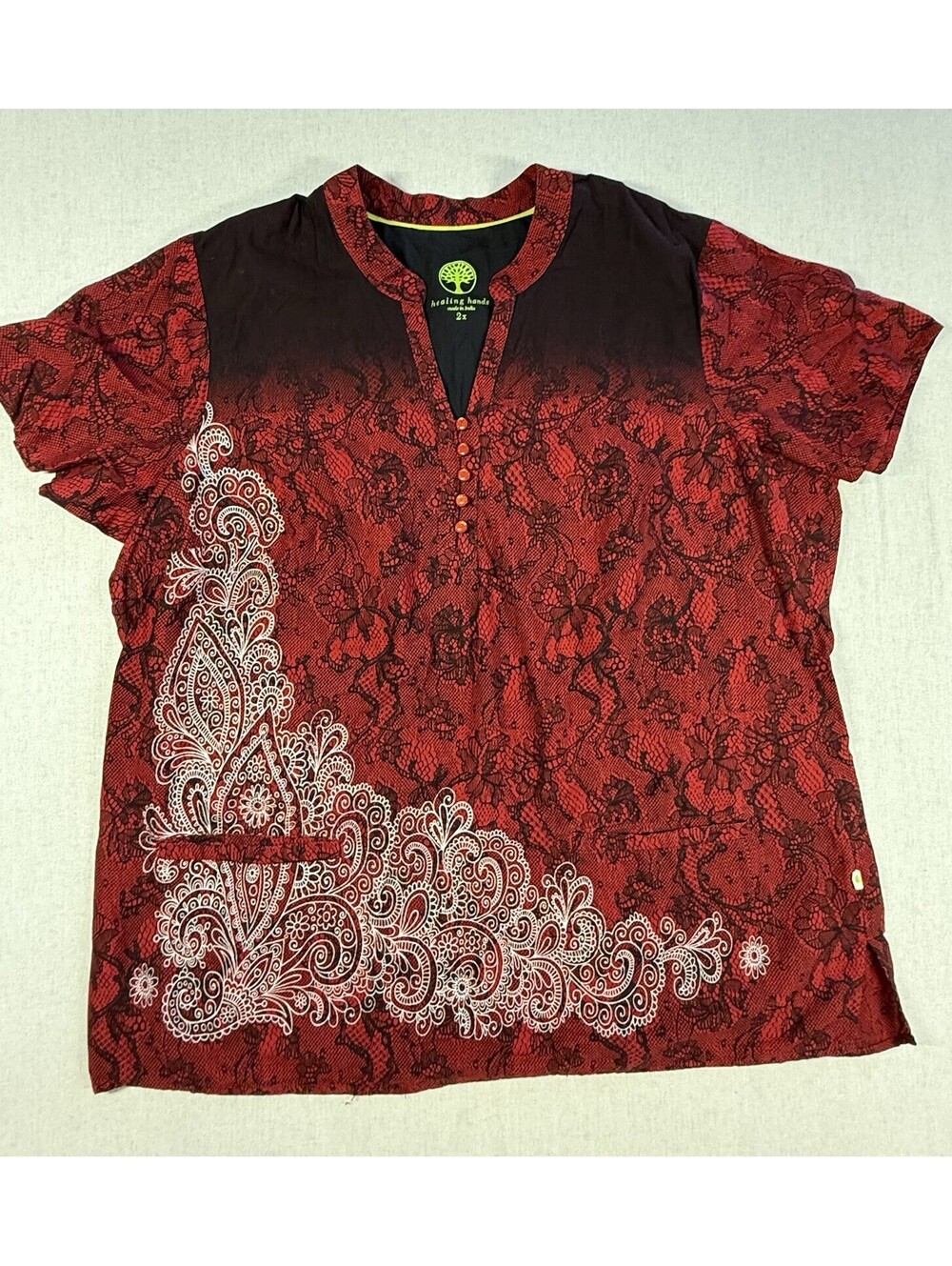 Healing Hands Scrub Top Women XXL Red India Nurse Medical Tribal Geometric